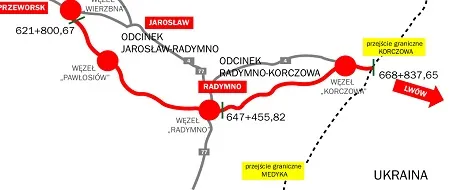 Schemat odcinka autostrady A4 Radymno – Korczowa